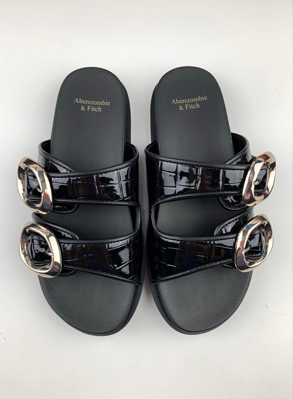 Abercrombie & Fitch Sandals Black Crocodile Embossed Slides Buckles Women's 7